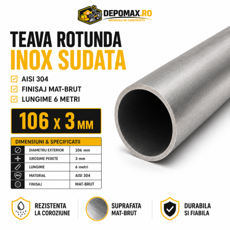 Teava rotunda inox sudata AISI 304, 106 x 3 mm, 6 metri